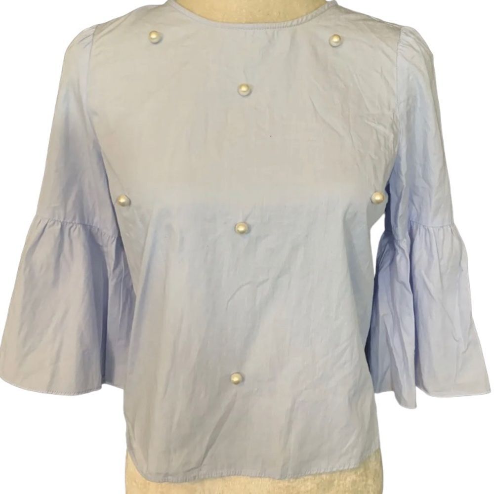 Zara Light Blue Blouse with Pearls and 3/4 Bell Sleeves Shirt Size Large